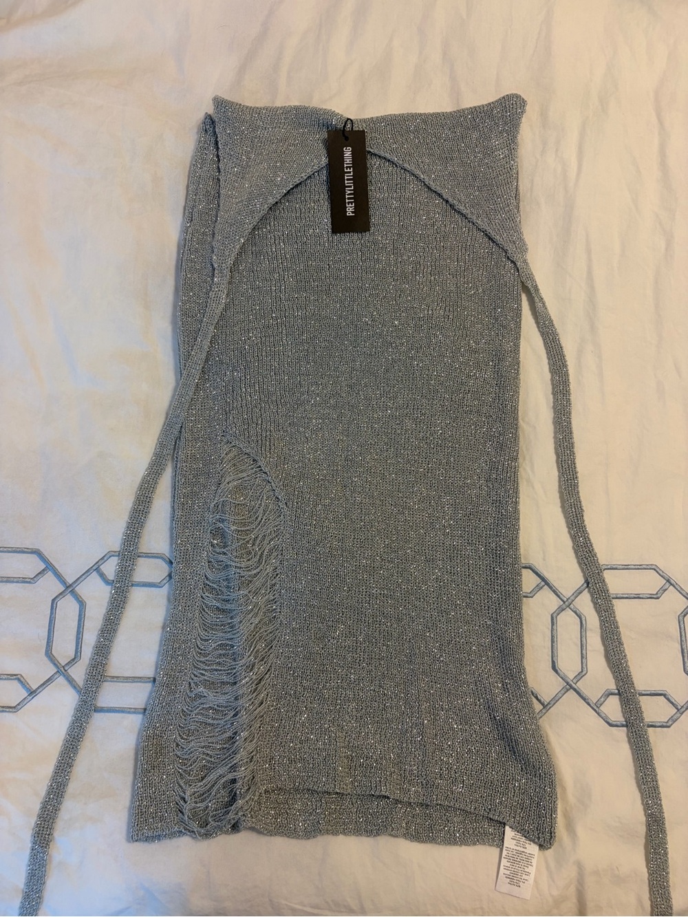 PrettyLittleThing Silver Sparkle Off-Shoulder Knit Sweater